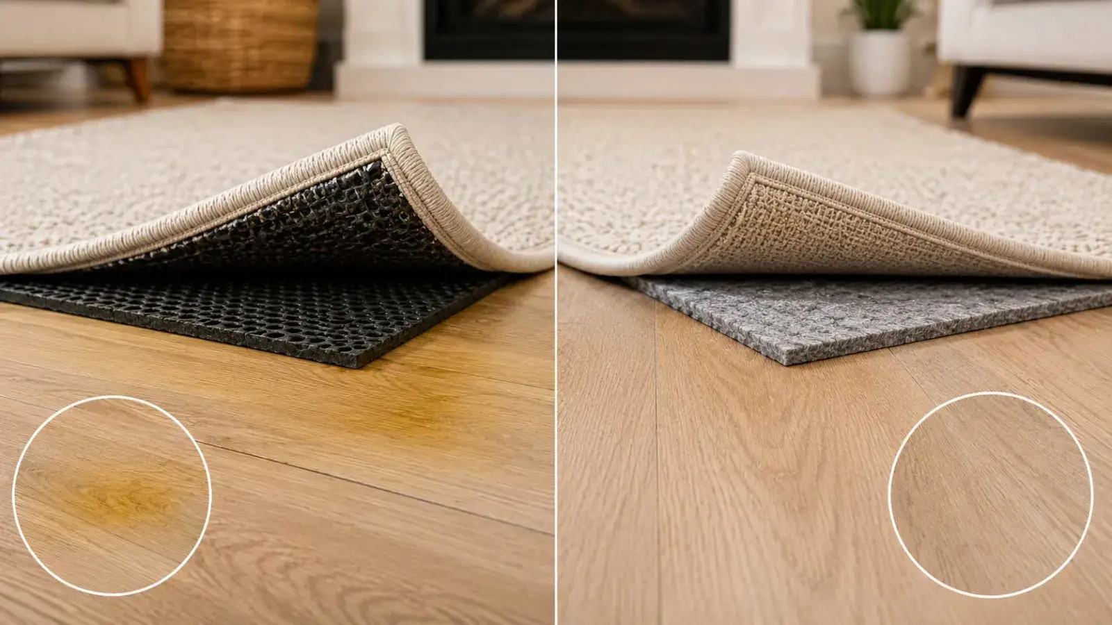 Comparison of an unsafe PVC rug pad and a hardwood safe felt rug pad