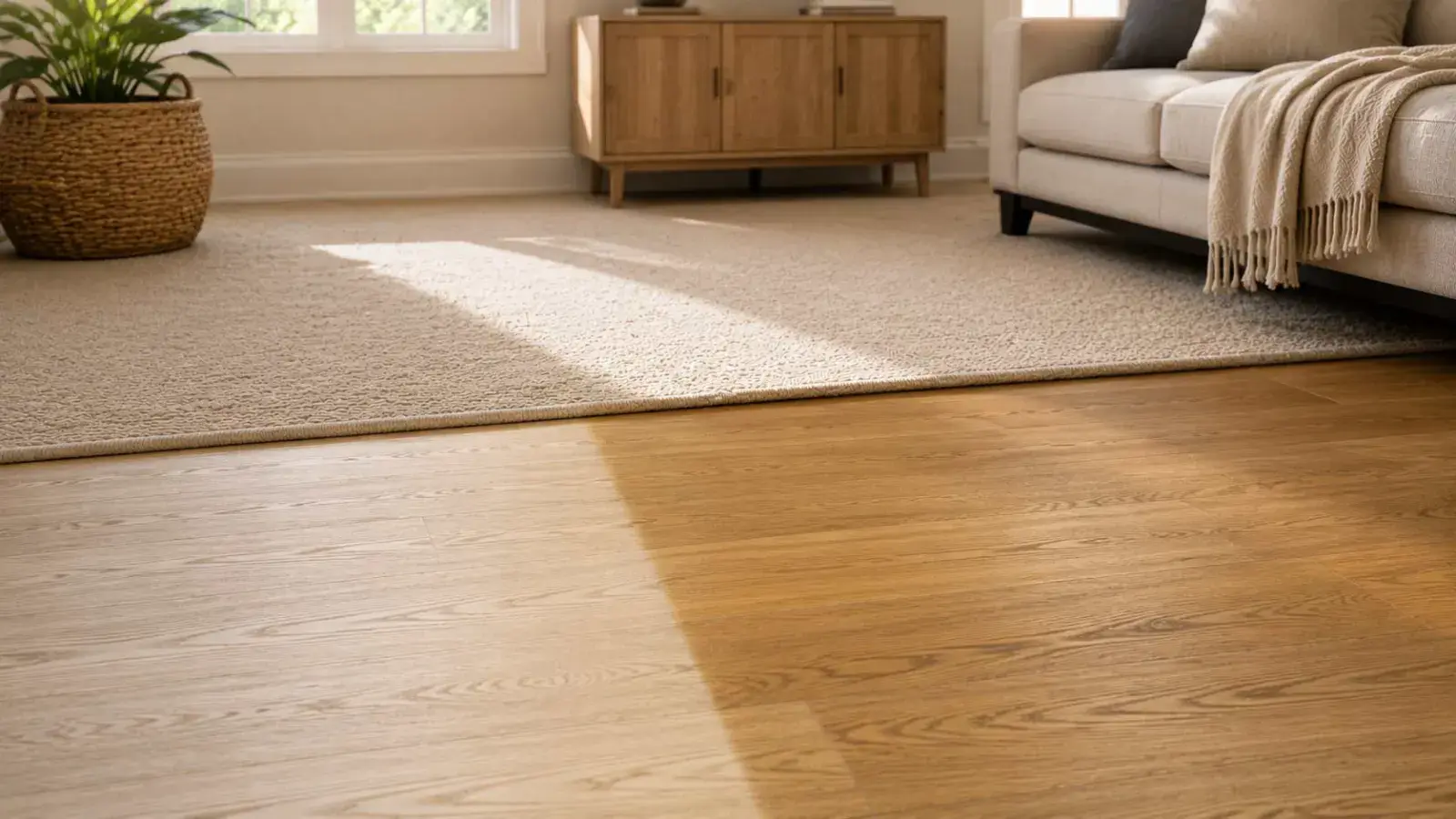 Hardwood floor showing a lighter protected area under a rug next to a sun faded section