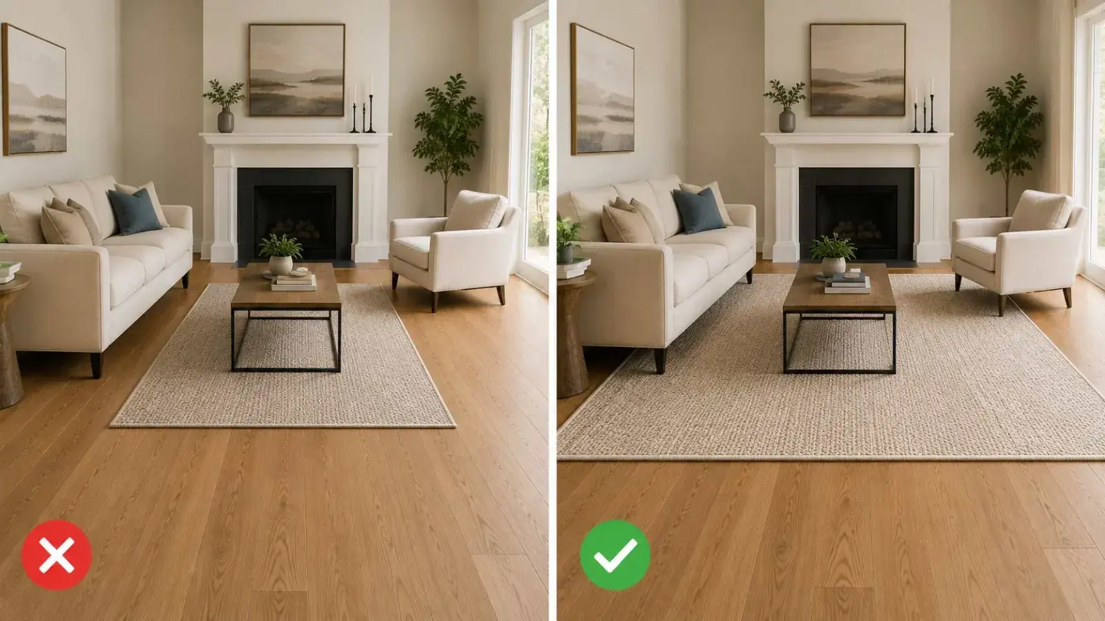 Living room showing a correctly sized area rug under the furniture on a hardwood floor