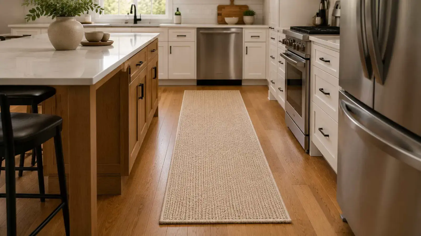 Modern kitchen with a washable fabric runner protecting a hardwood floor