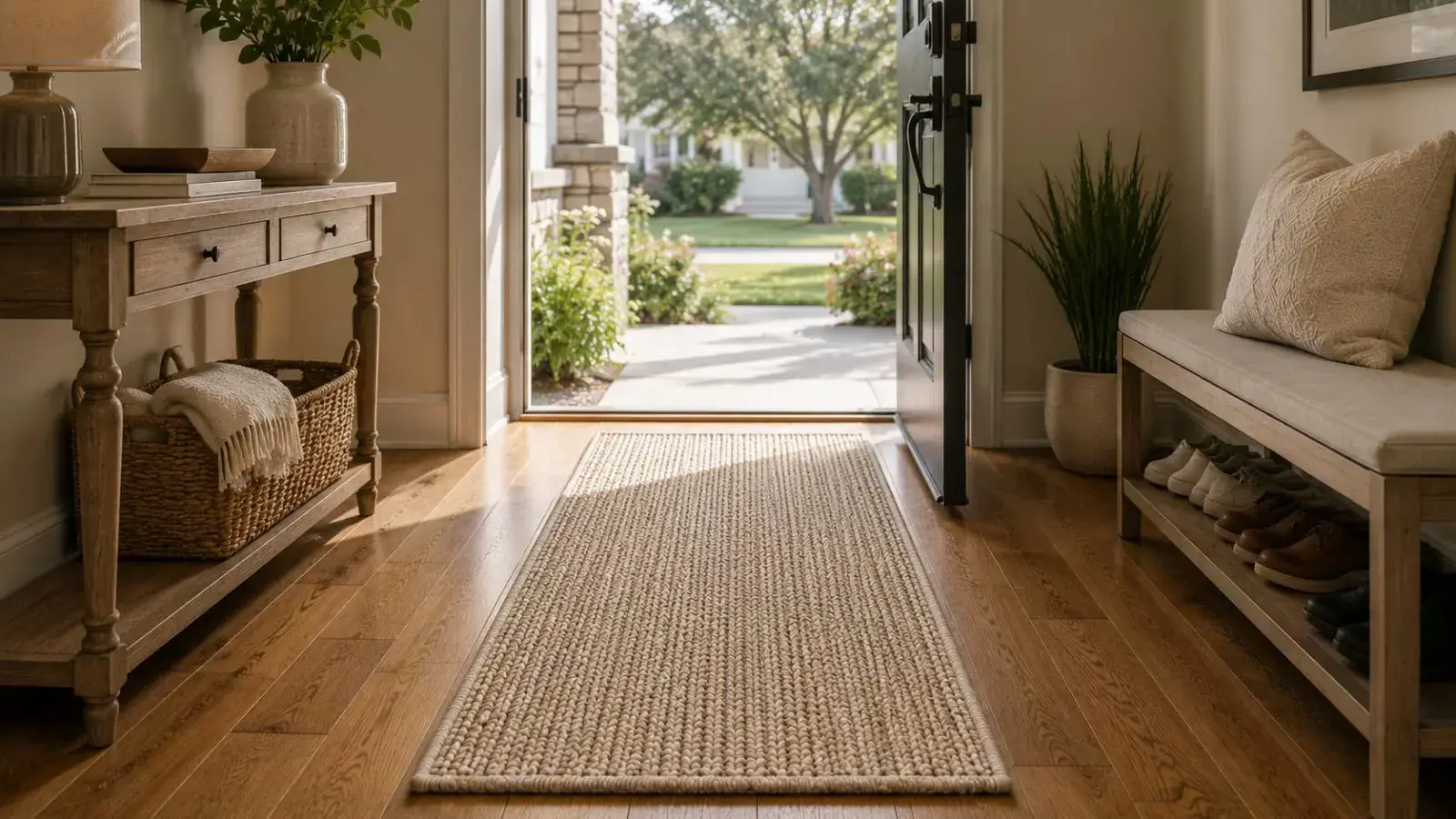 Elegant entryway with a washable runner protecting hardwood from grit and moisture