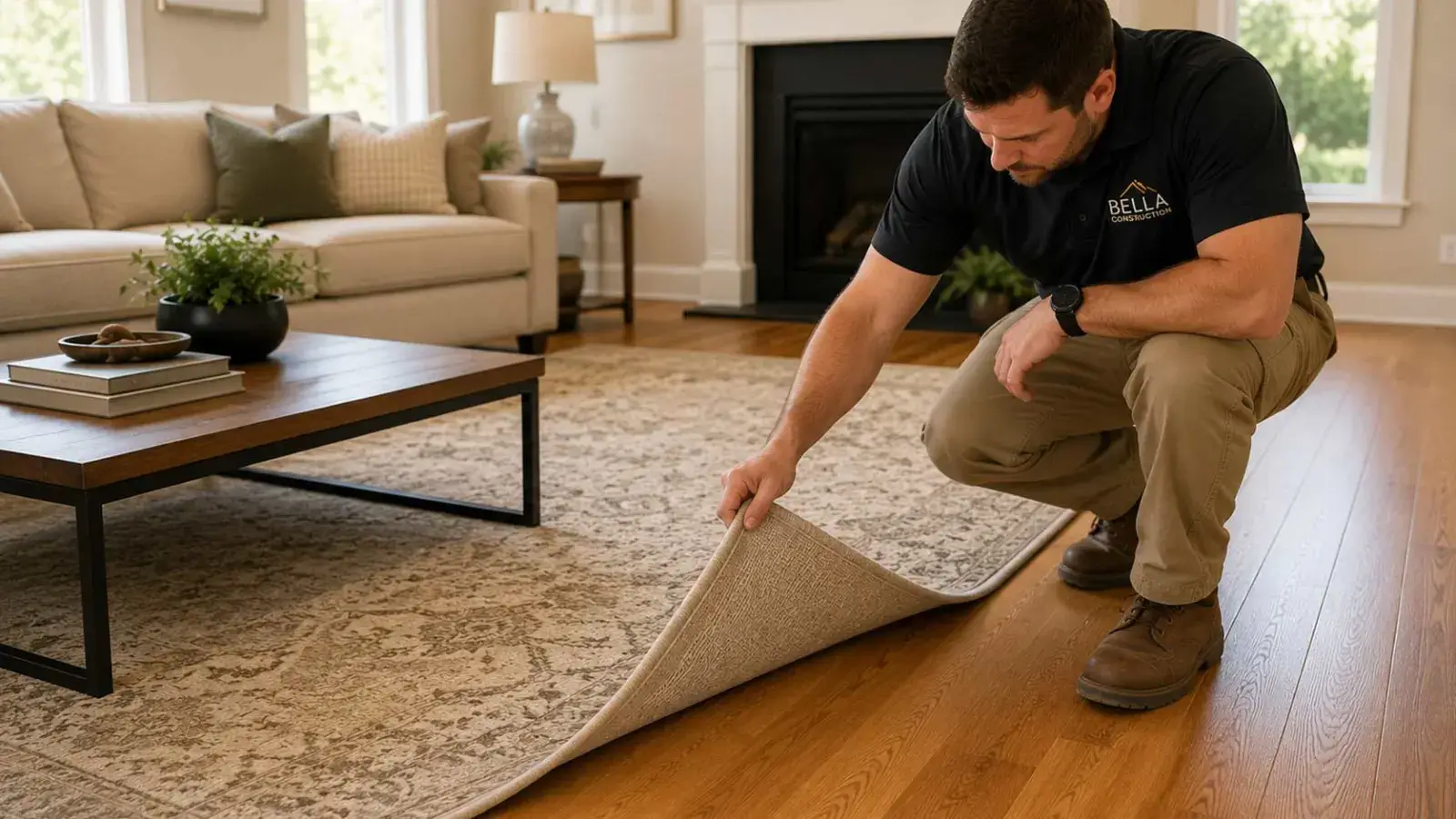 Bella Construction professional lifting a rug corner to inspect a hardwood floor before refinishing