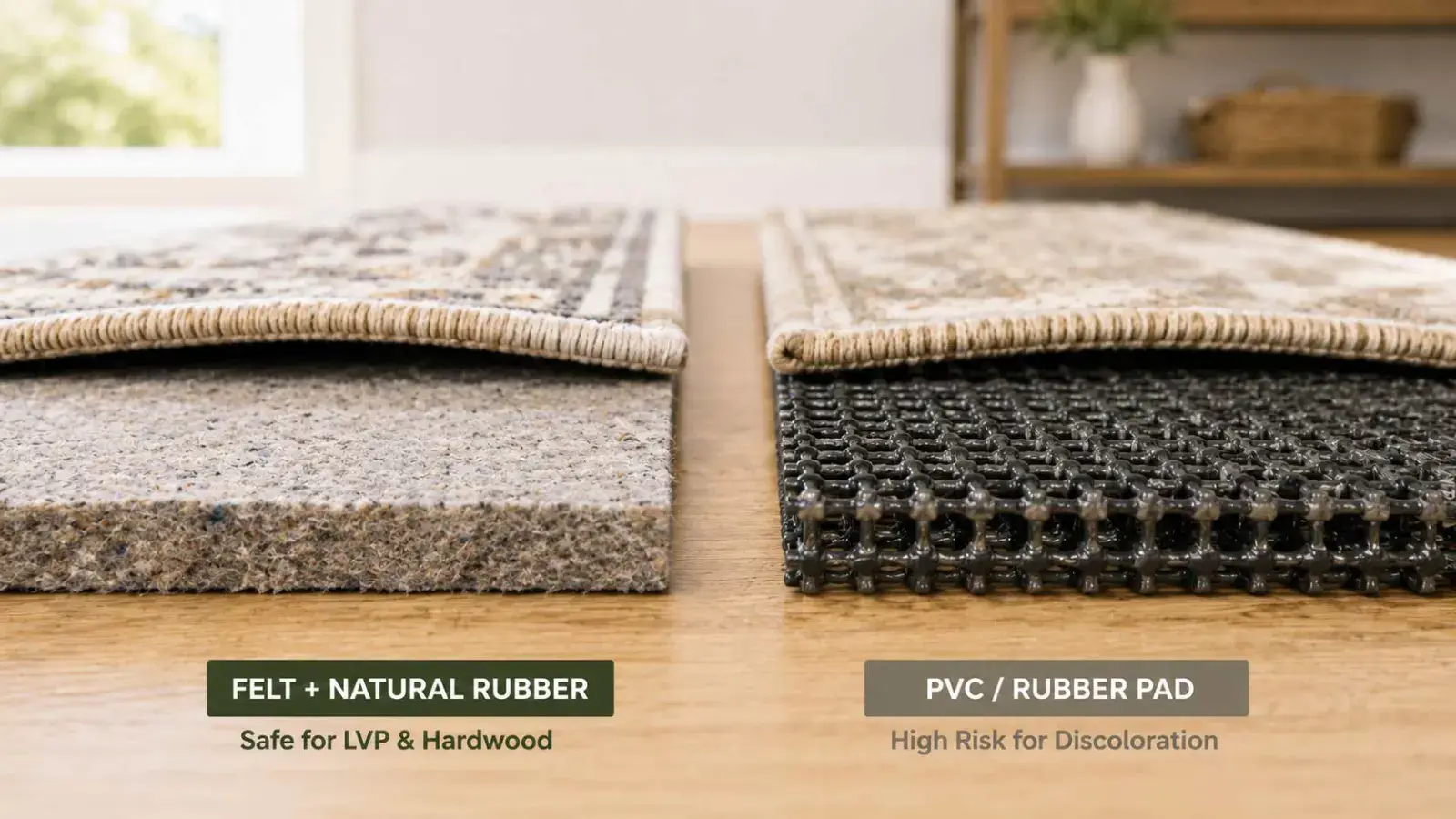 Side by side product comparison of a natural rubber felt rug pad and a PVC waffle pad