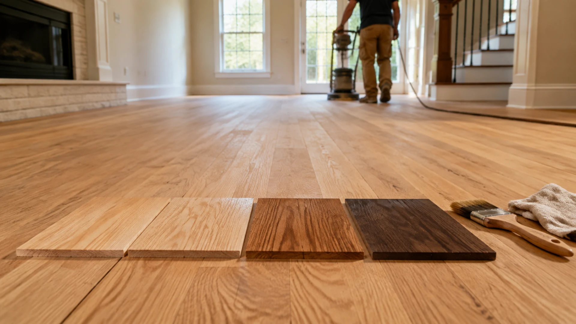 Stain color samples on a hardwood floor