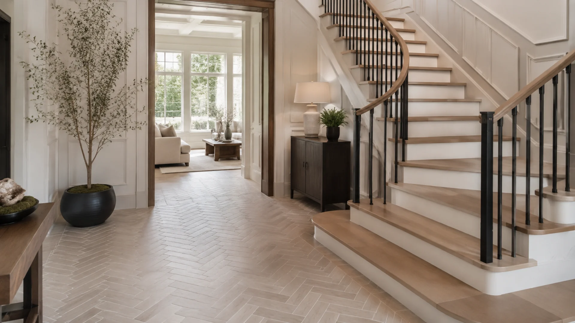 Herringbone porcelain tile foyer