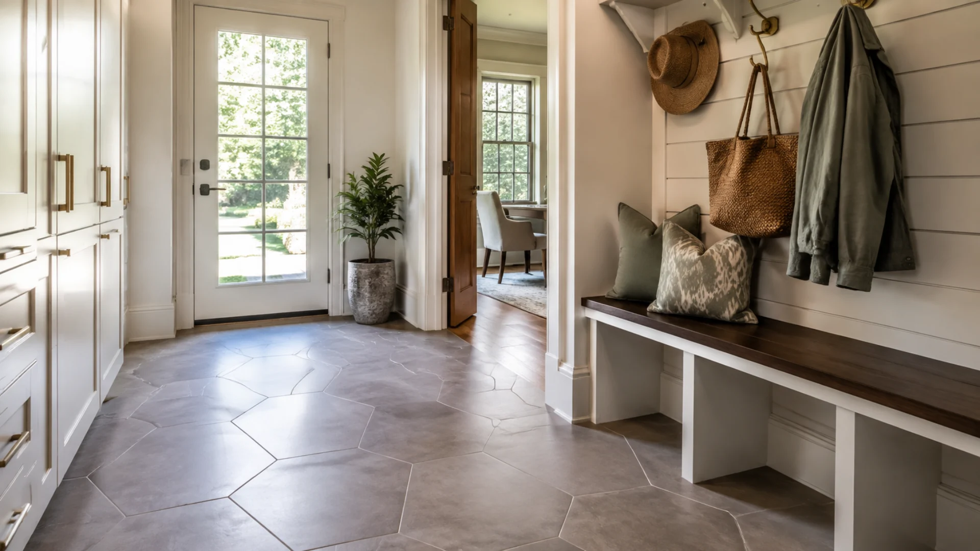 Hexagon porcelain tile entryway