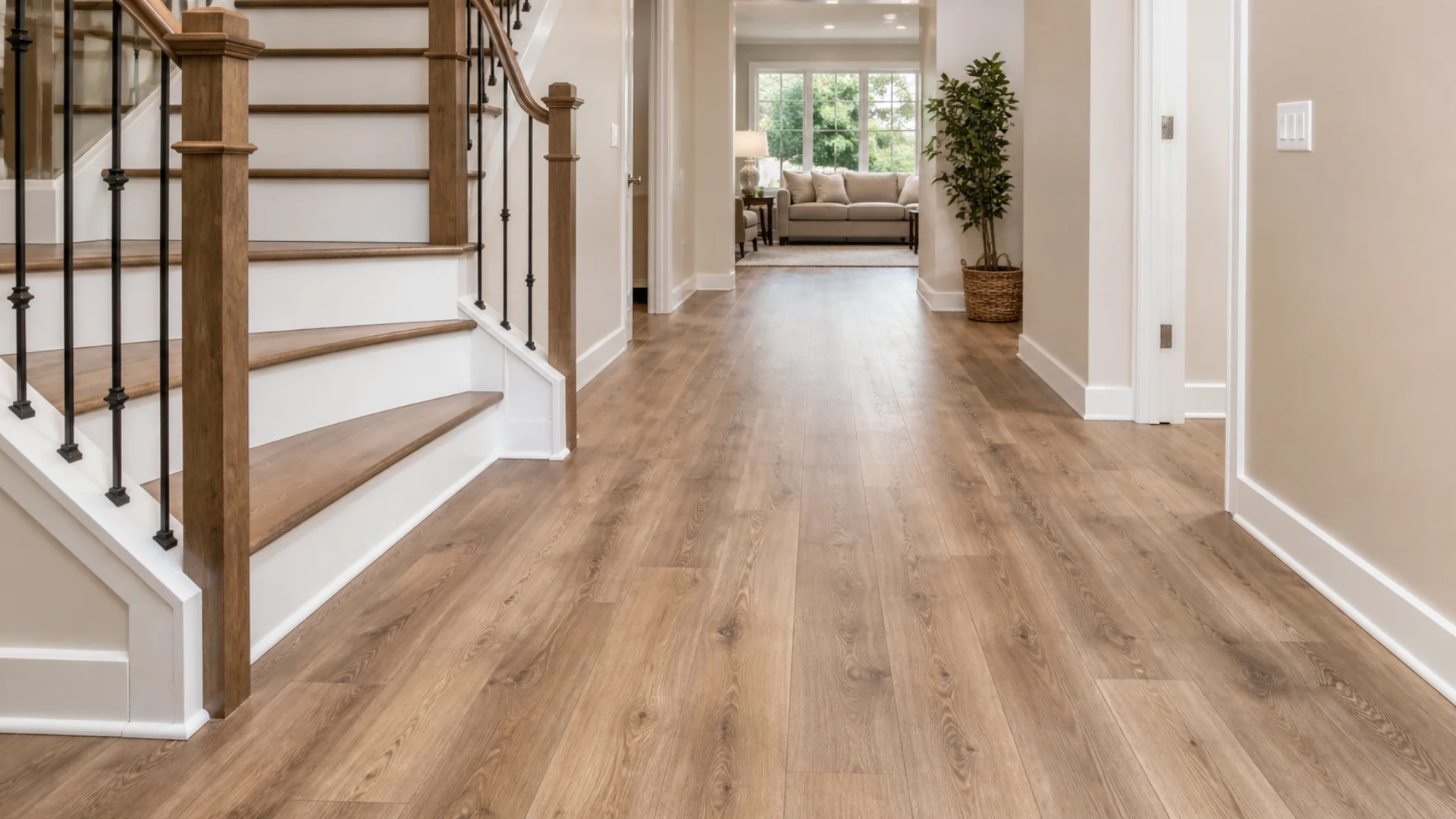 Laminate flooring hallway and stair transition