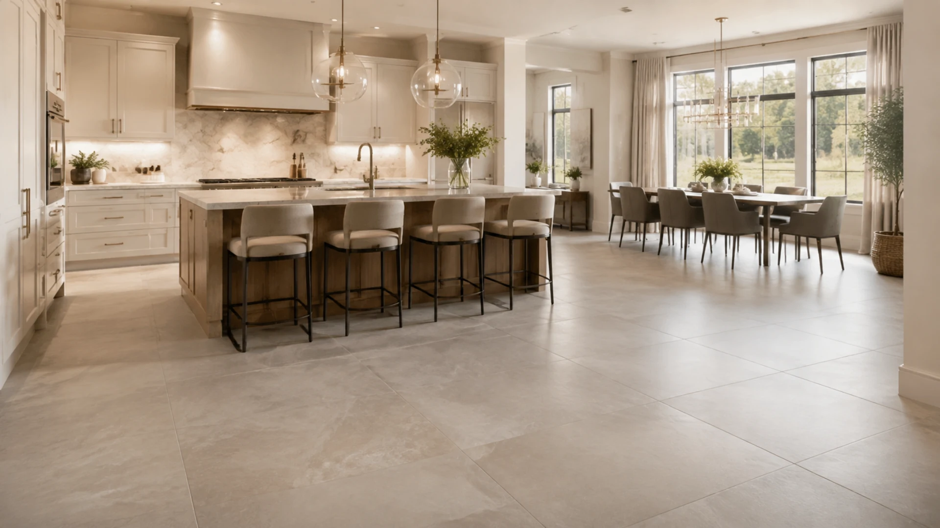 Large format porcelain tile flooring in a Charlotte NC kitchen