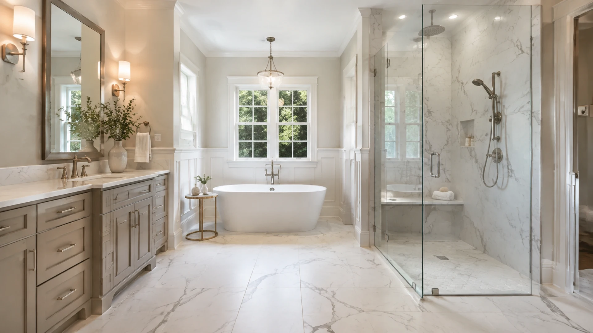 Marble look porcelain tile in a primary bathroom