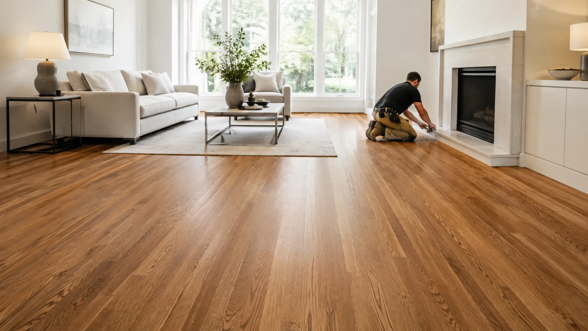 Refinished white oak hardwood floor in a living room
