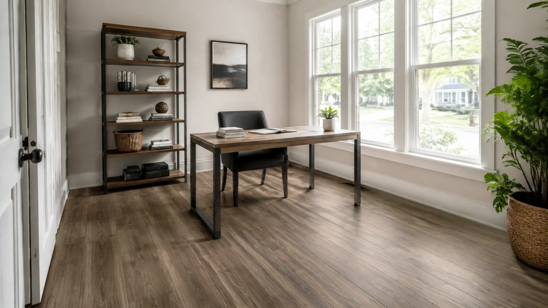 Smoked oak laminate flooring in a home office