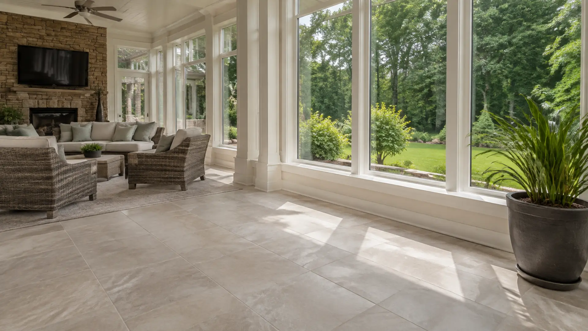Porcelain tile flooring in a North Carolina sunroom