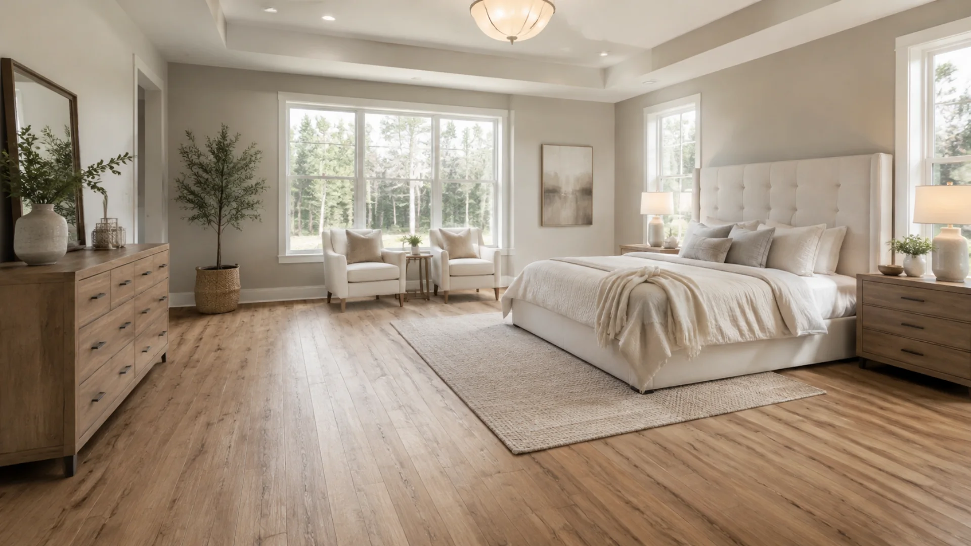 Warm oak laminate flooring in a primary bedroom
