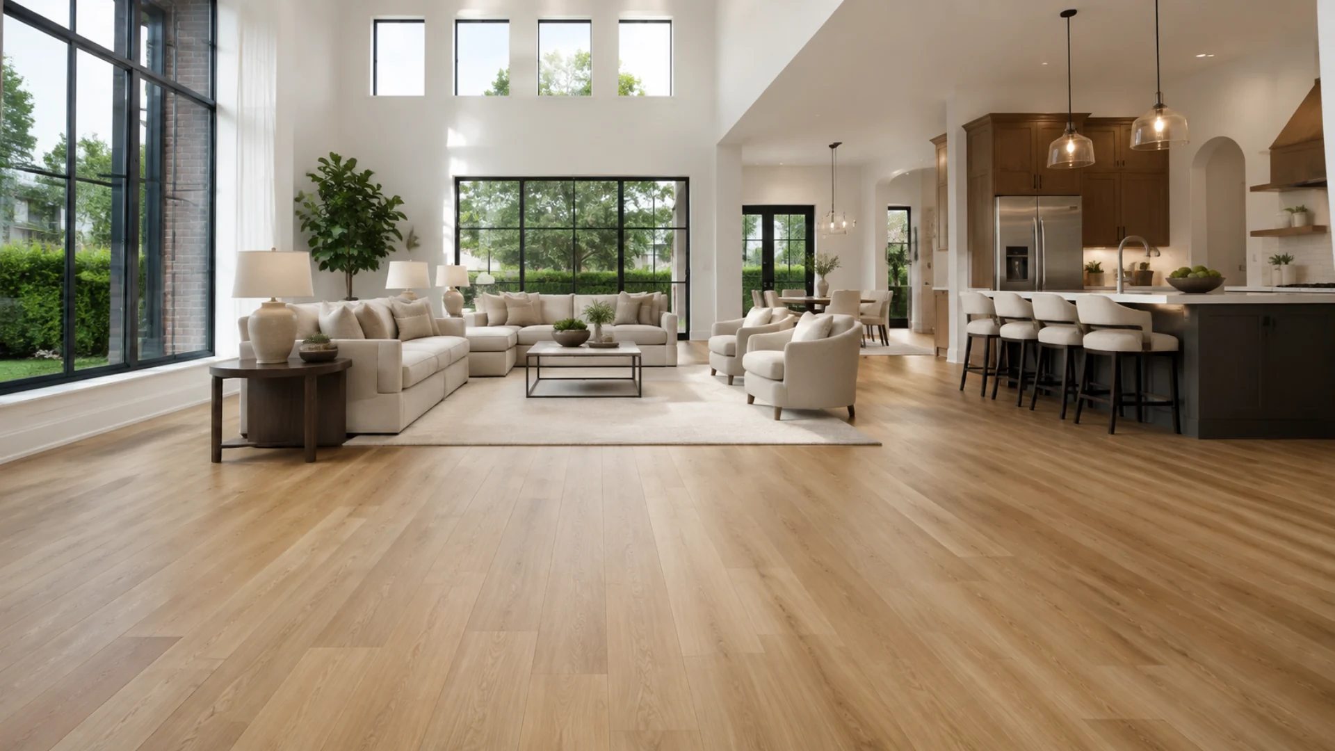 Wide plank laminate flooring in an open concept great room